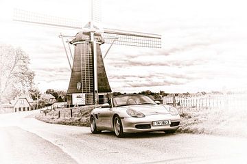Porsche Boxster bij molen langs de Maas