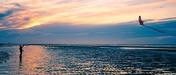 child flying a kite on the beach by Miny'S