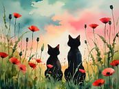 Twee katten in een droom van klaprozen van Bart Veeken thumbnail