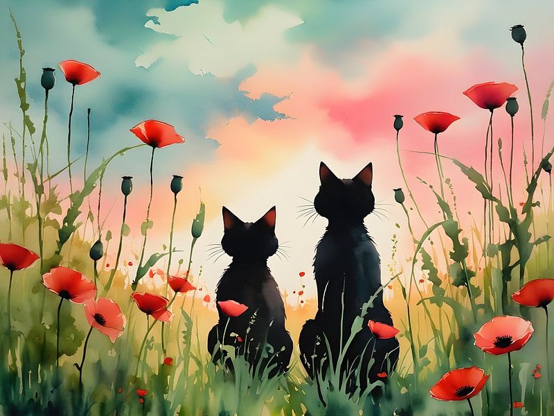 Twee katten in een droom van klaprozen van Bart Veeken