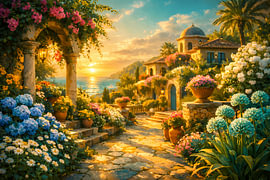 Mediterrane Idylle am Meer – Toskana Villa im Sonnenuntergang