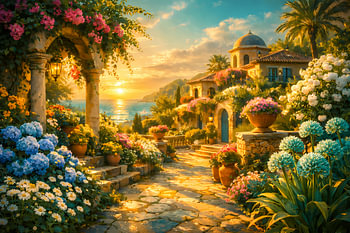 Mediterrane Idylle am Meer – Toskana Villa im Sonnenuntergang