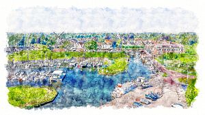 Panorama de Willemstad dans le Brabant (art, aquarelle)