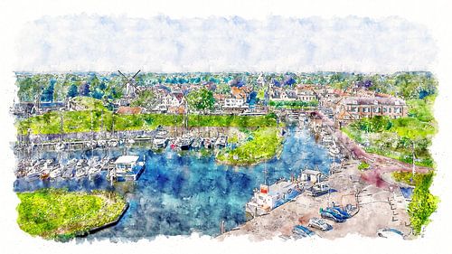Panorama van Willemstad in Brabant (kunst, aquarel)