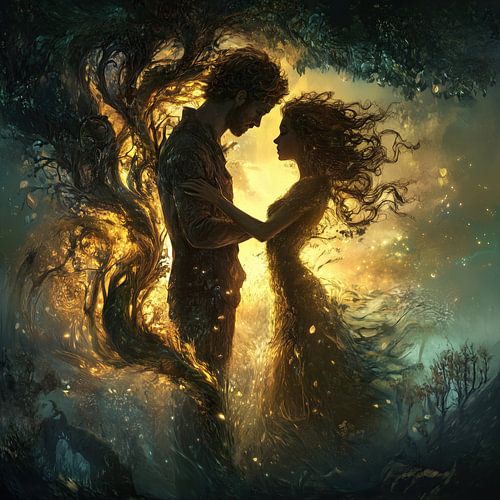 Intertwined souls in a magical world, unconditional love.