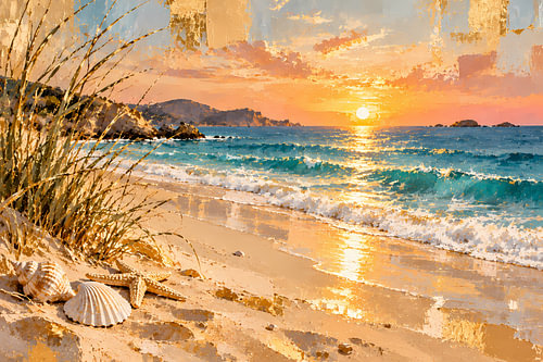 Sandstrand mit Muscheln & Seestern | Türkises Meer im goldenen Sonnenuntergang | Poster Querformat