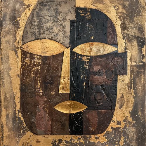 Portrait tribal abstrait aux couleurs de la terre et aux accents dorés