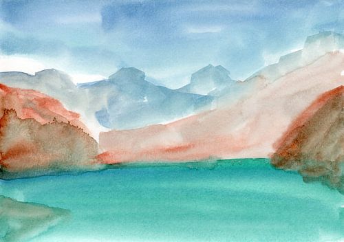 Modern abstract aquarel landschap. Turquoise, terra, blauw.