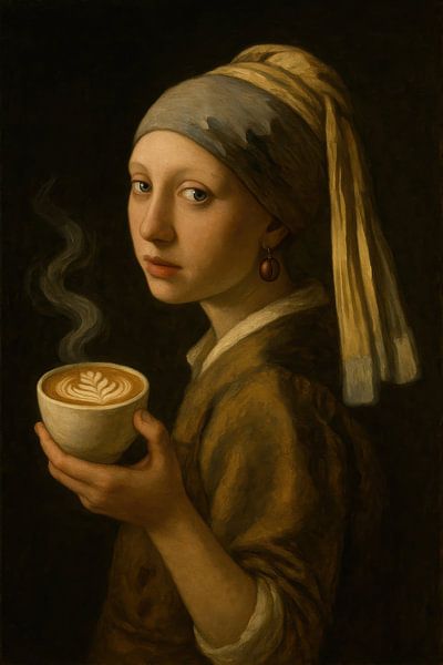 Fille avec une boucle d'oreille en perle Café par Poster Art Shop