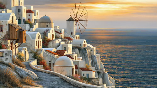A Mediterranean village on the cliffs in the warm evening light