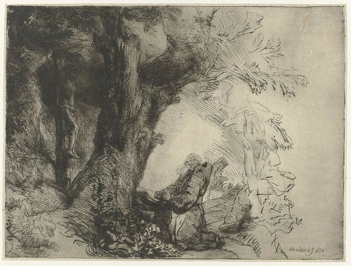 Saint François sous un arbre, en prière, Rembrandt van Rijn, 1657 (première gravure)
