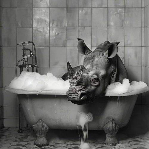 Neushoorn in bad - Een unieke badkamerfoto voor je toilet