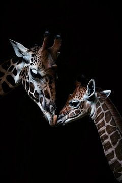 Zwart-wit kunstwerk van nuzzelende giraffen van De Muurdecoratie