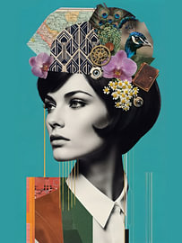 Surrealistische popart-collageprint: Vrouwenprofiel met eclectische hoofdtooi en steampunk-elementen van Fgworks