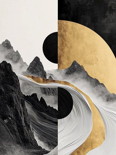 Moderne bergen met maan en rivier