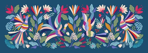 Mexicaanse tuin met bloemen en vogels