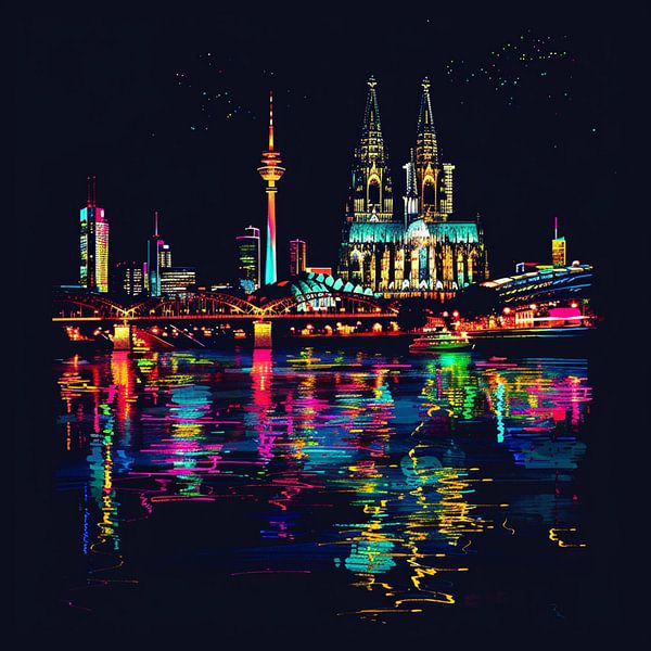 Cologne Cathedral Colonius Tower Rhine Neon black Skyline by gm_designs
