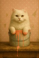 Kunstdruk - Charmante kattenkunst - Kattenillustratie - Pretty in Pink - witte kat in een pot vol kleur
