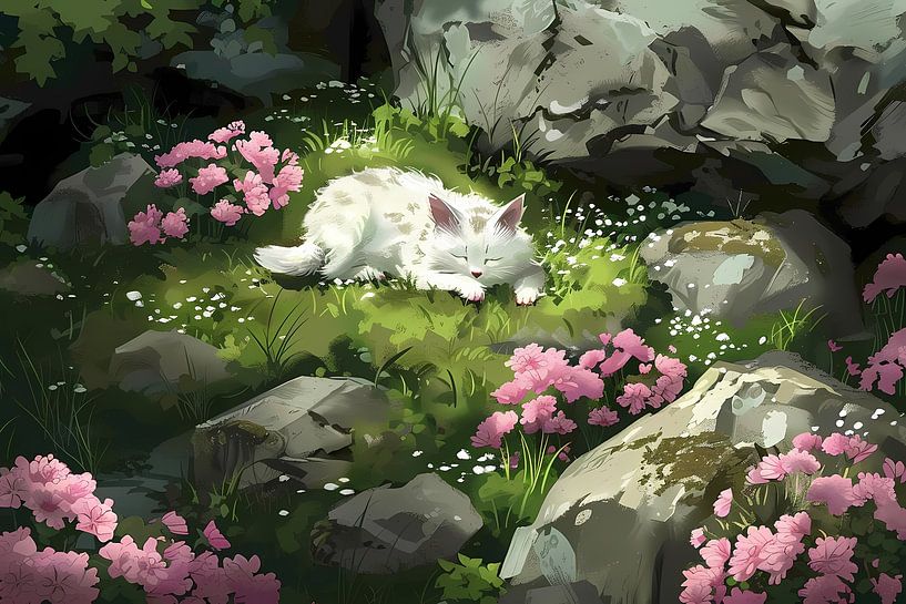 Schlafende Katze im blühenden Garten von Art & Soul Creations