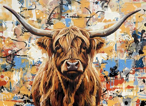 Kleurig schilderij hooglander met hoorns