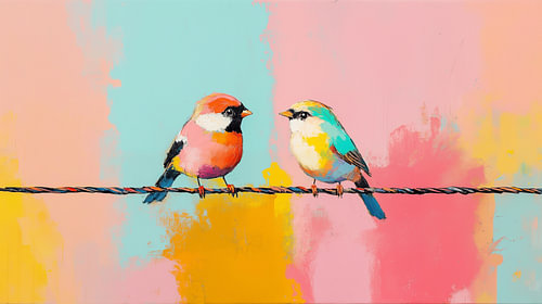 Kleurrijke vogels op een kabel panorama abstract