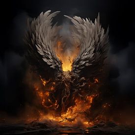 Life-size angel wings catch fire in hellfire by Margriet Hulsker