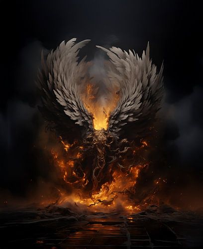 Levensgrote engelen vleugels vatten vlam in hellevuur