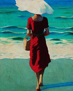 Vrouw met parasol op het strand van Jan Keteleer