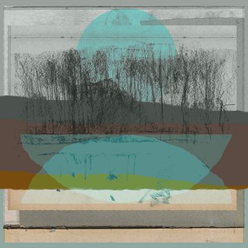 Moderne abstracte mixed media kunst. Collage met een landschap met bomen in bruin, blauw, groen van Dina Dankers