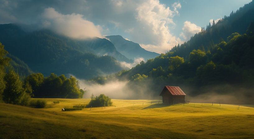 Ochtendnevel op de bergweide van fernlichtsicht