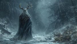 Shaman with deer antlers in the snowy forest by artefacti