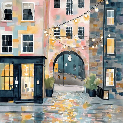 Aquarel van de Altstadtgasse in Edinburgh – Illustratie met avondverlichting