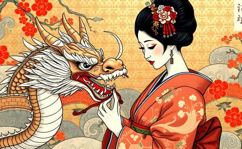geisha with dragon japanese art