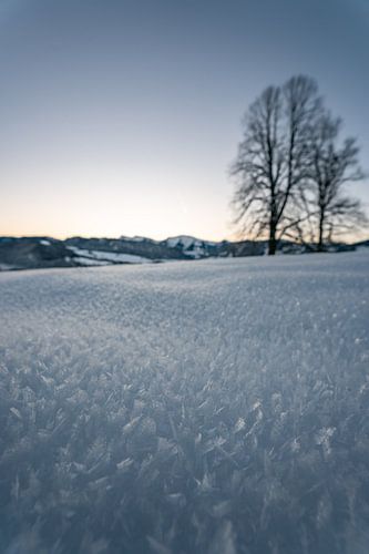 ijzige zonsopgang in Oberstaufen met uitzicht op Hochgrat en Steibis