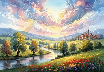 Watercolor Landscape with River, Buildings, Flowers, and Clouds by Markus Gann