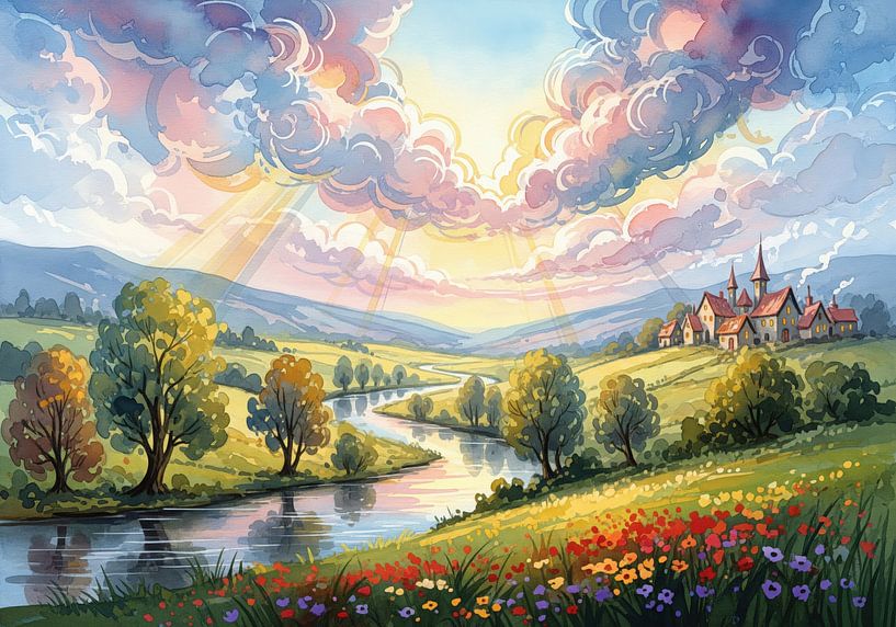 Watercolor Landscape with River, Buildings, Flowers, and Clouds by Markus Gann