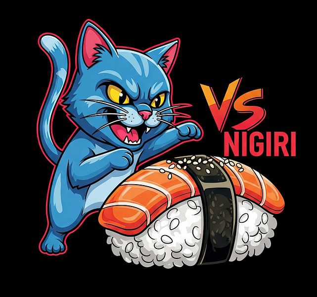 Chat bleu contre saumon Nigiri Sushi Illustration par Markus Gann