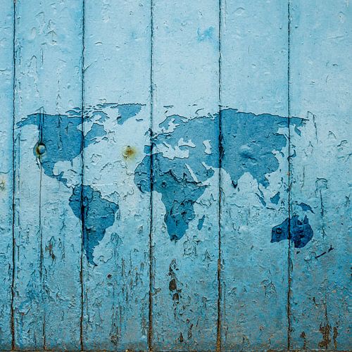 Weltkarte auf blau verwittertem Holz | Wandkreis