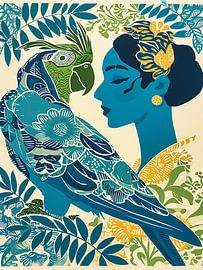 Blue woman with parrot | AI Litho Print by Frank Daske | Foto & Design