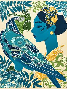 Blaue Frau mit Papagei | KI Litho Druck von Frank Daske | Foto & Design