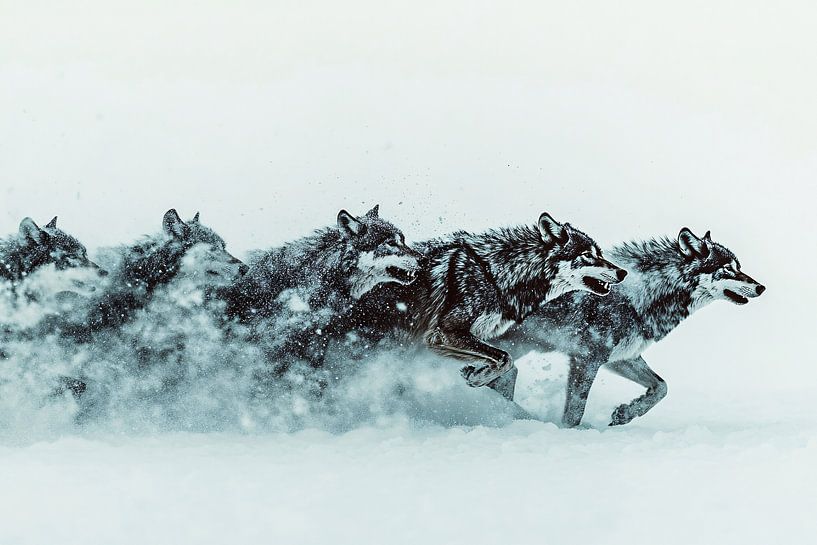 Running wolves through snowy countryside by Art & Soul Creations