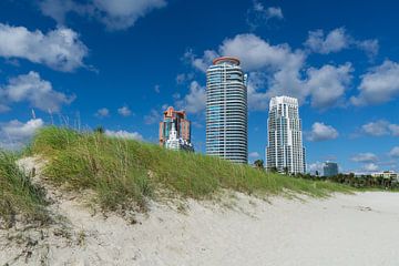 Etats-Unis, Floride, dunes de sable de la plage de Miami avec ciel bleu intense et soleil. sur adventure-photos