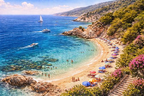 Turquoise Coast Retreat – Vibrant Mediterranean Beach Scene