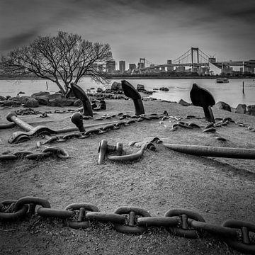 Regenboogbrug en skyline van Tokio | monochroom van Melanie Viola