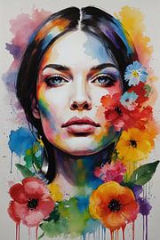 Frau mit Blumen in Aquarell von Art & Soul Creations