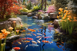 Teich mit Fischen im japanischen Frühlingsgarten