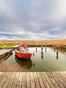 Rode vissersboot in de haven van Althagen op Fischland-Darß van Rico Ködder