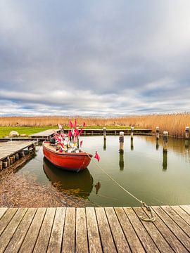 Rode vissersboot in de haven van Althagen op Fischland-Darß
