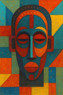 Ein geometrisches Gemälde einer afrikanischen Maske. von Galerie Hoppenbrouwers