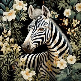 Zebra portrait with white flowers